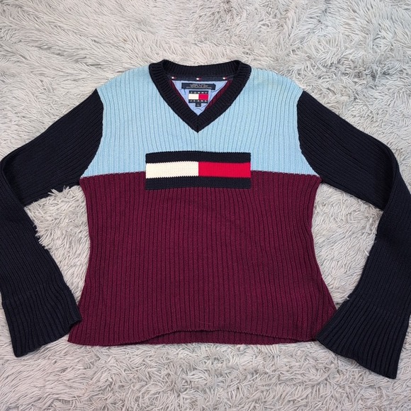 Vintage Tommy Hilfiger Sweater Womens L Blue 90's Comfy Casual Preppy V Neck - Picture 1 of 8